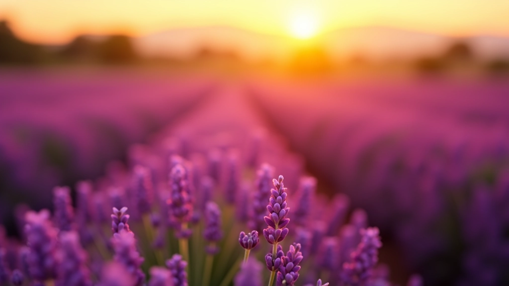 Flores de lavanda púrpura en detalle, con abeja polinizando, luz natural brillante