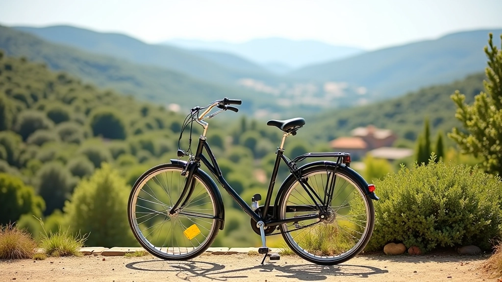Bicicleta de estilo vintage estacionada contra árbol, mochila colgada del manillar, paisaje rural de fondo